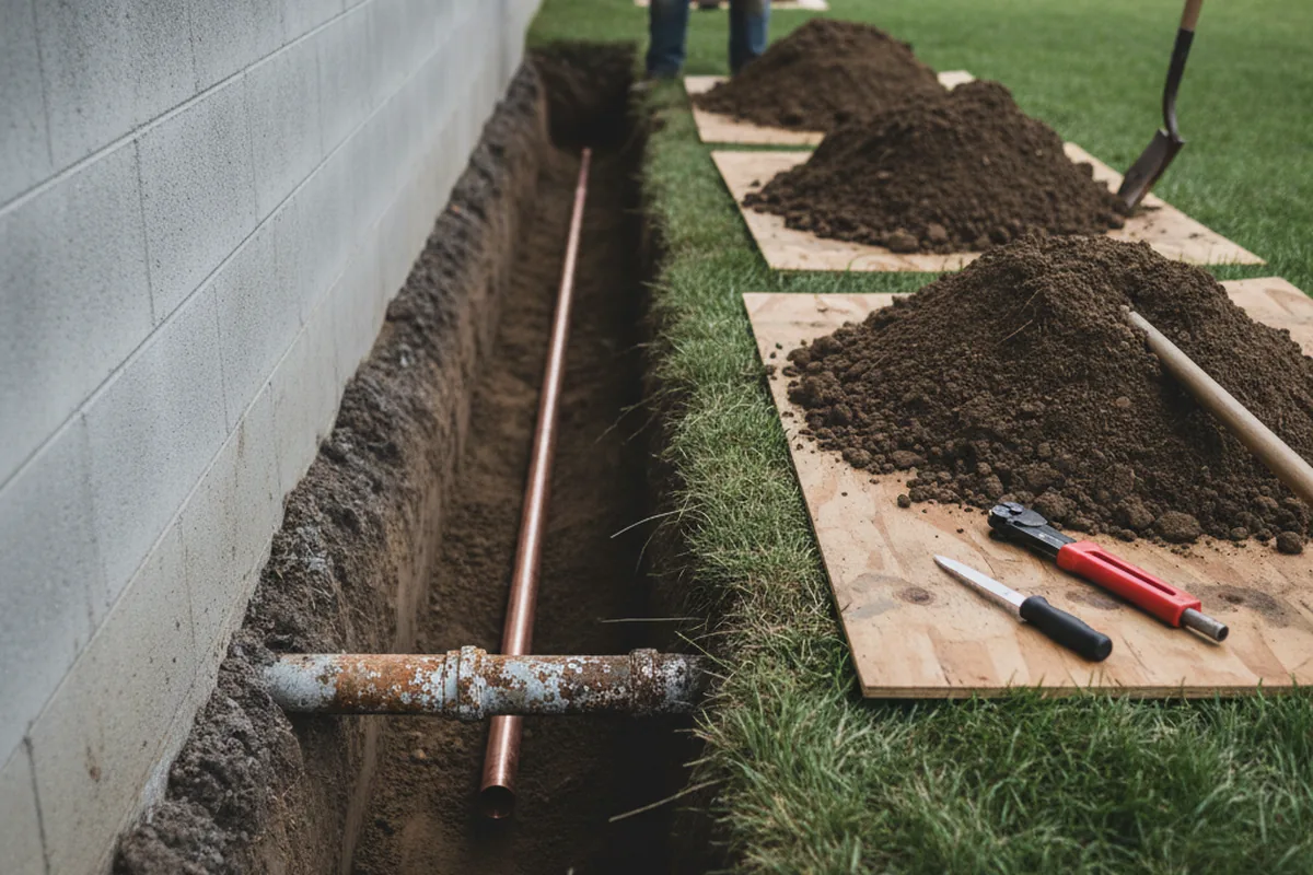 Excavated water line trench during Sewer Line Repair in Sentinel